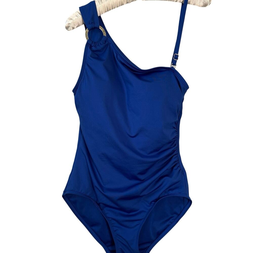 Michael Kors One Shoulder One Piece Swimsuit Royal Blue Logo Ruched Sz 14 - Picture 2 of 15